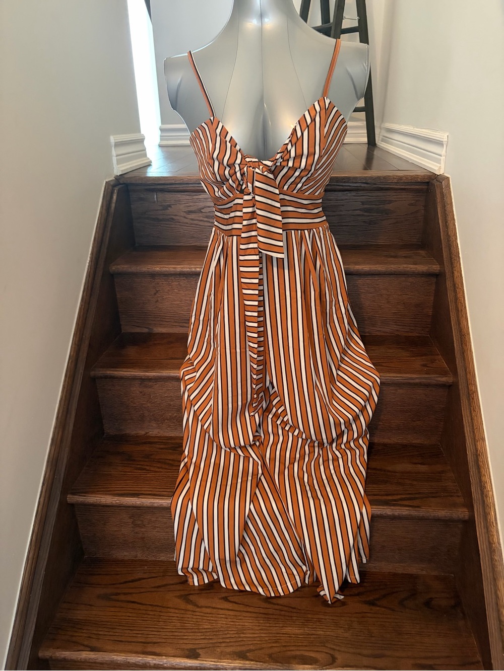 Striped Mustard & White Tie-Front Spaghetti Strap Jumpsuit
